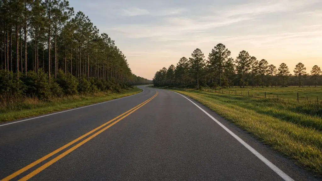 A winding country highway through rolling Texas hills