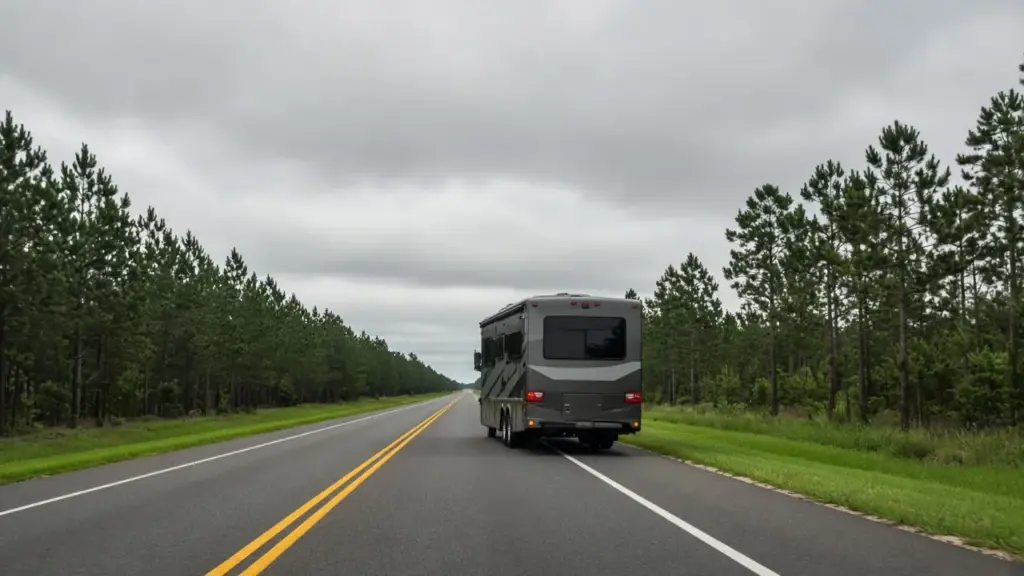 A motorhome driving away on a highway under gray skies