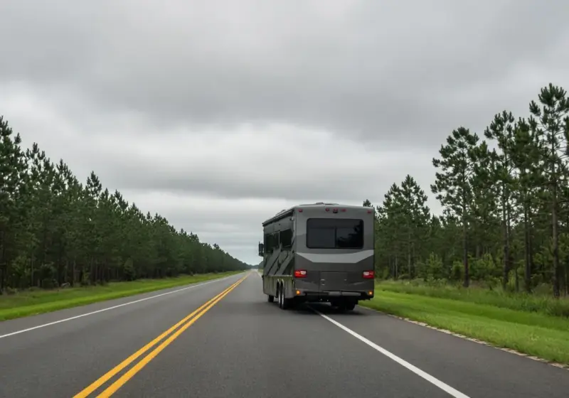 A motorhome driving away on a highway under gray skies