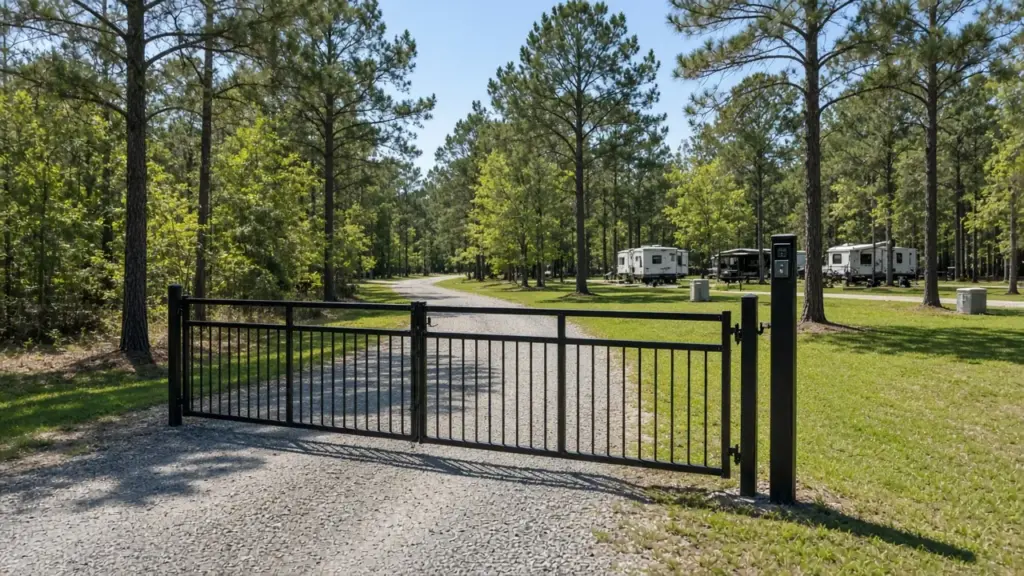 A black metal gate with a keypad at an RV park entrance