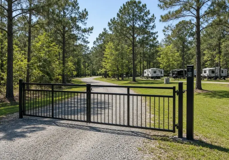 A black metal gate with a keypad at an RV park entrance