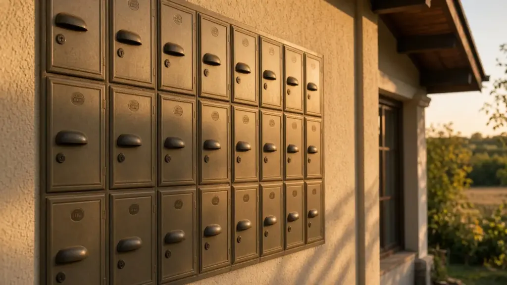 A mailbox bank with small doors at a rural post office