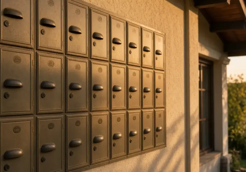 A mailbox bank with small doors at a rural post office