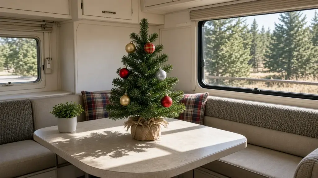 A small decorated tabletop tree inside an RV