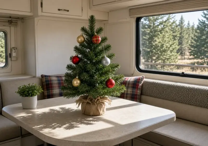 A small decorated tabletop tree inside an RV