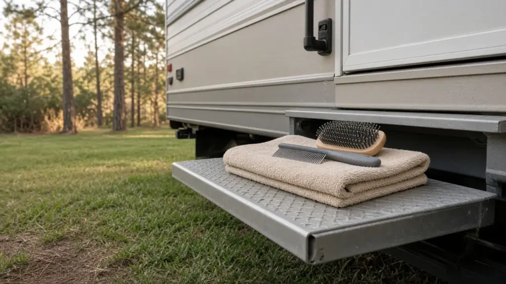 Grooming brushes and a towel on an RV step