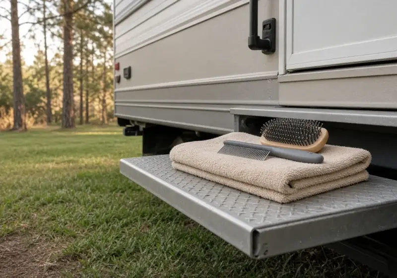 Grooming brushes and a towel on an RV step