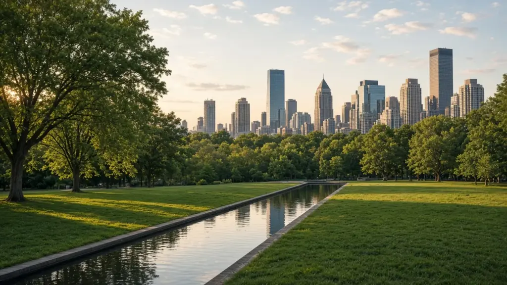 A city park with a reflecting pool and a skyline in the distance on a weekend morning