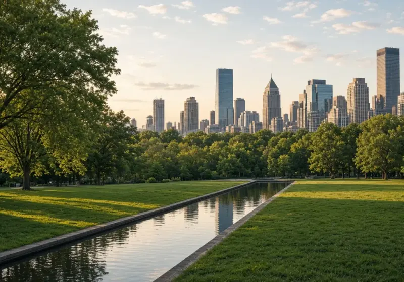 A city park with a reflecting pool and a skyline in the distance on a weekend morning