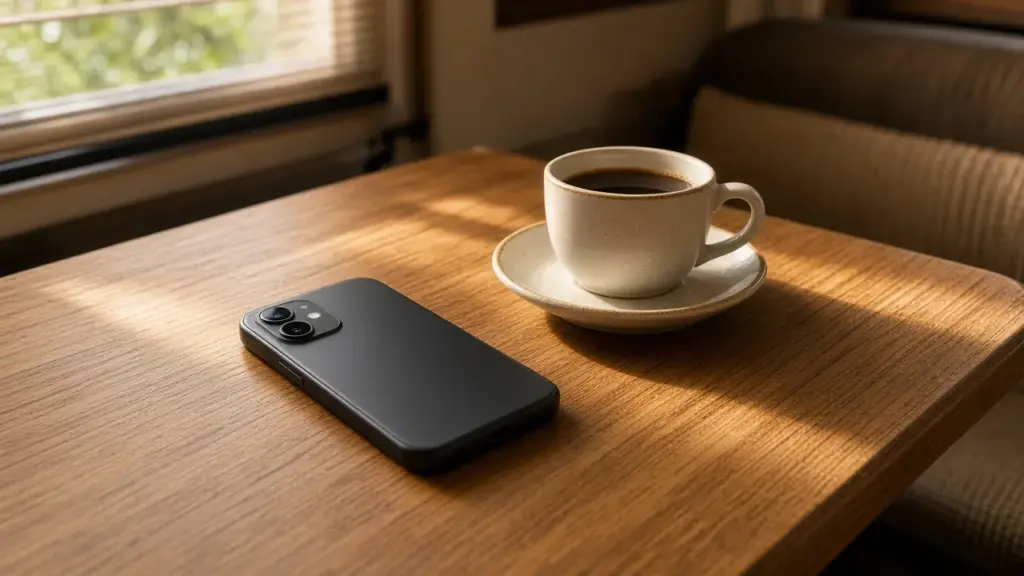 A smartphone face down on an RV dinette table beside a coffee cup