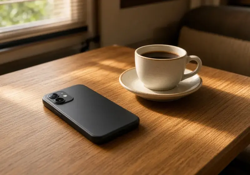 A smartphone face down on an RV dinette table beside a coffee cup