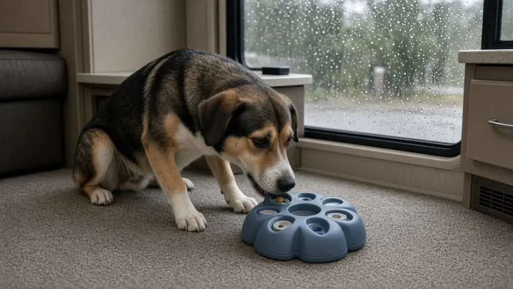 A dog playing with a puzzle toy on an RV floor on a rainy day