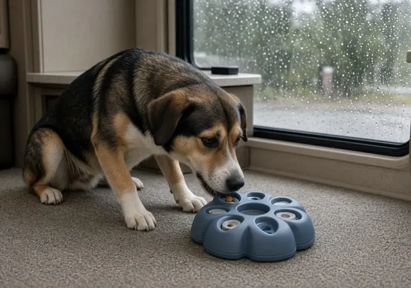 A dog playing with a puzzle toy on an RV floor on a rainy day