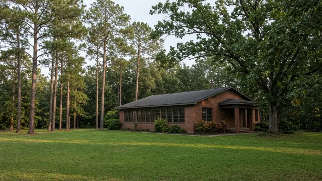 A small public library building surrounded by trees