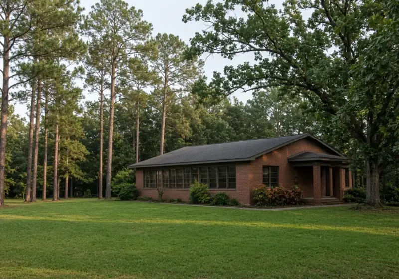 A small public library building surrounded by trees