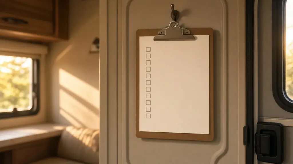 A monthly checklist clipboard hanging inside an RV door
