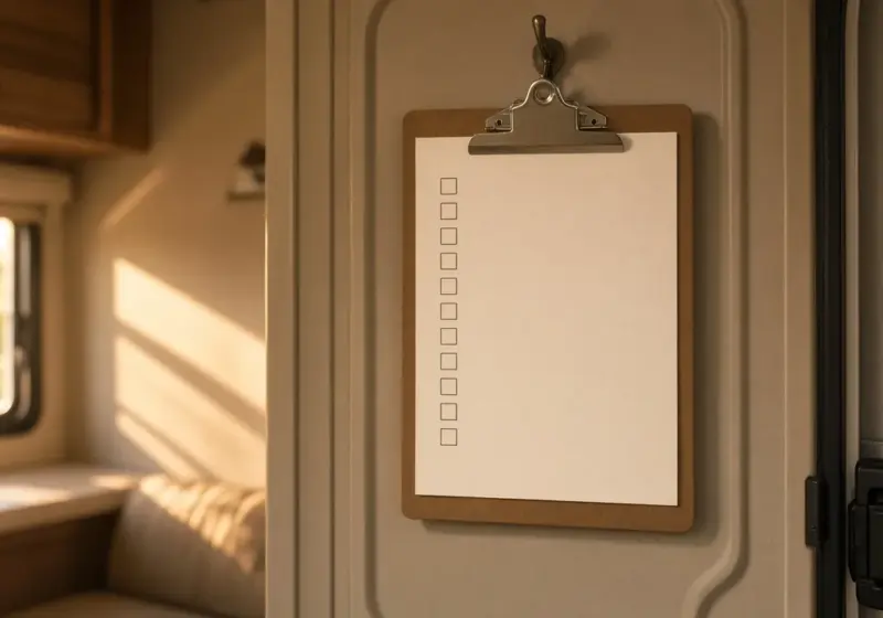 A monthly checklist clipboard hanging inside an RV door