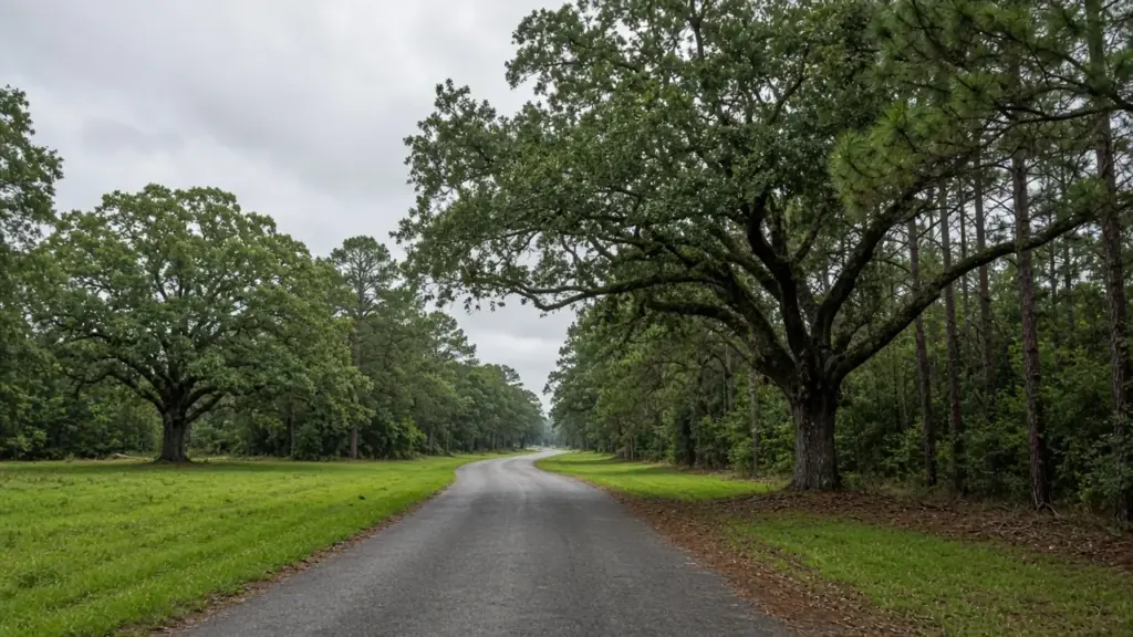 An older neighborhood road with mature trees and wide grassy shoulders
