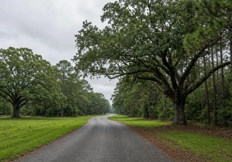 An older neighborhood road with mature trees and wide grassy shoulders