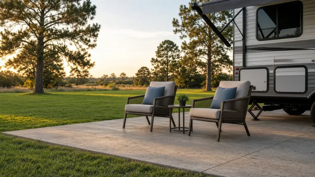 Nice outdoor chairs and a small table on a concrete RV pad