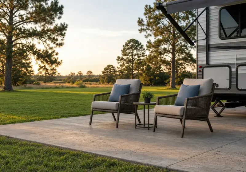 Nice outdoor chairs and a small table on a concrete RV pad