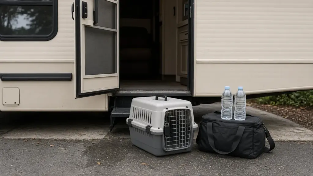 A pet carrier and emergency supplies by an RV door