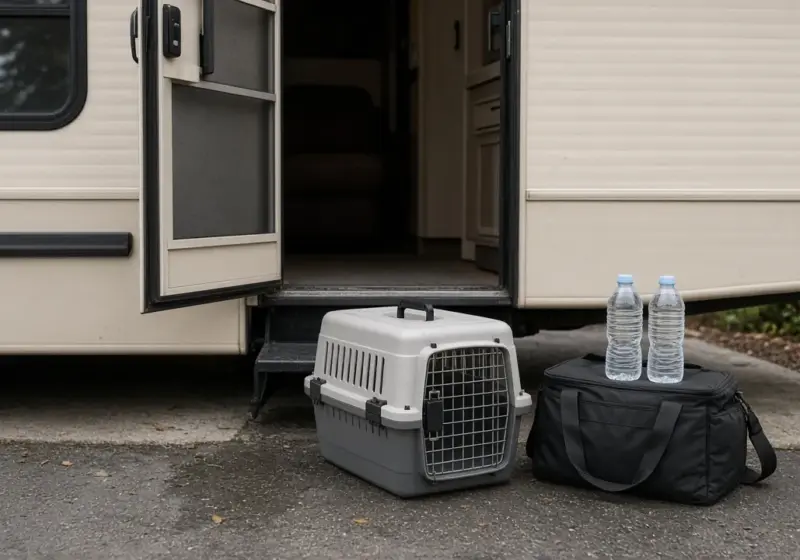 A pet carrier and emergency supplies by an RV door