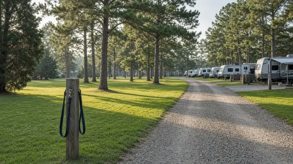 A gravel walkway between RV sites with a leash on a post