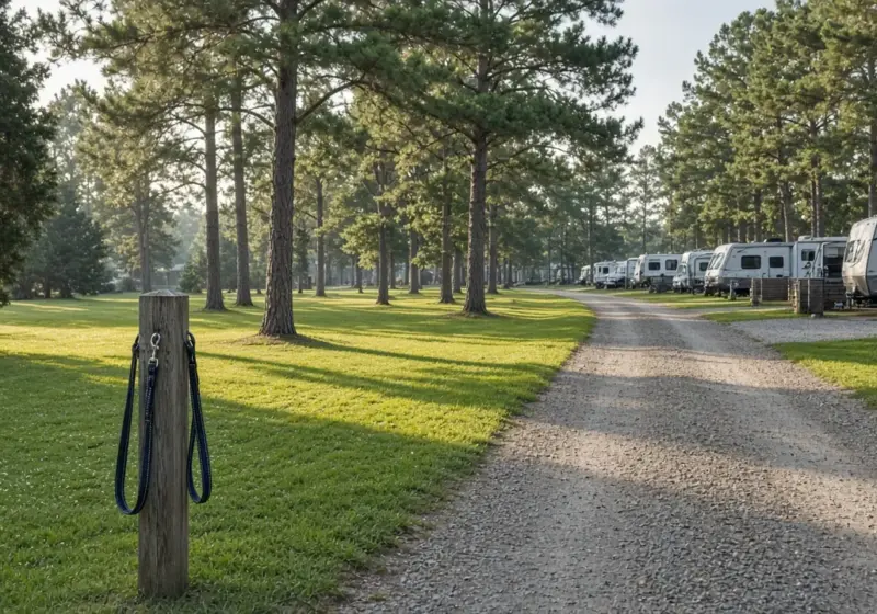 A gravel walkway between RV sites with a leash on a post