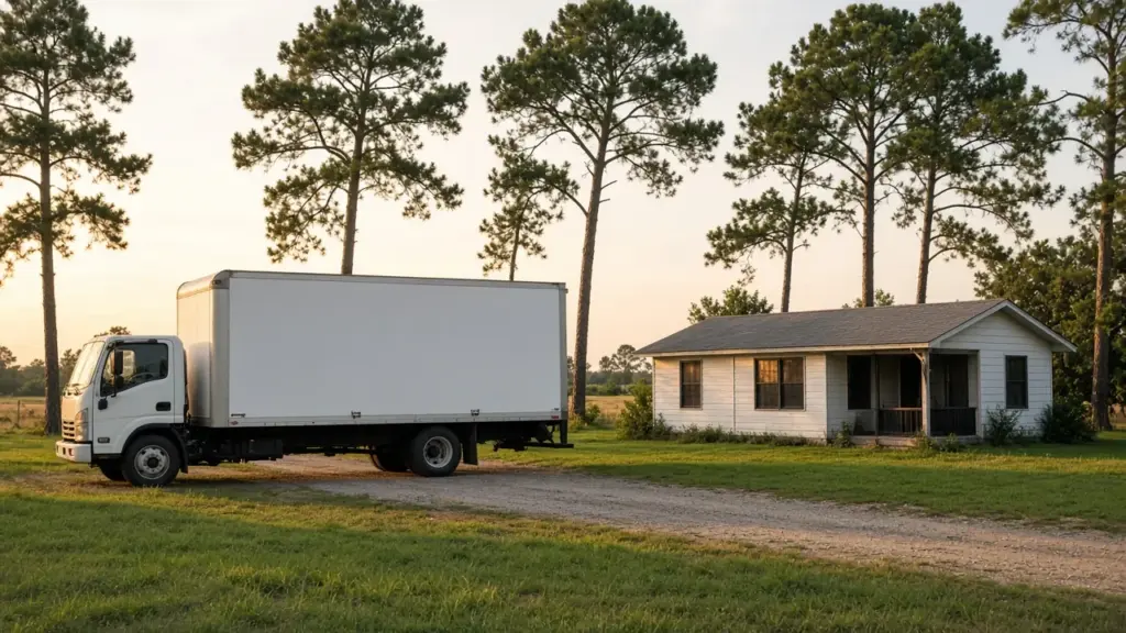 A moving truck parked beside a small house