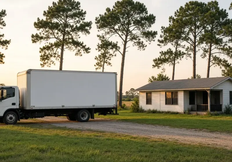A moving truck parked beside a small house