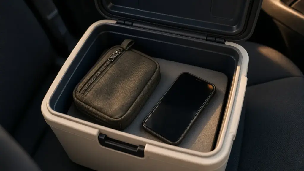 A small medicine bag and a phone in a shaded cooler inside a car