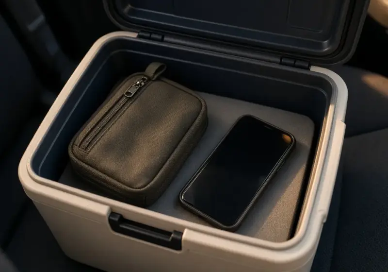 A small medicine bag and a phone in a shaded cooler inside a car