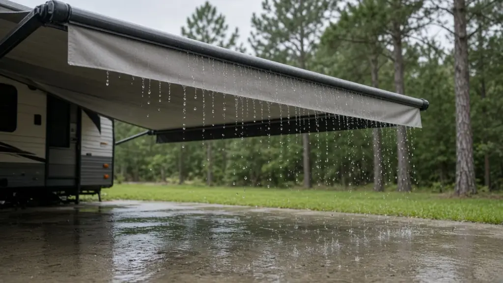 Rain falling on an RV awning edge with puddles on a concrete pad