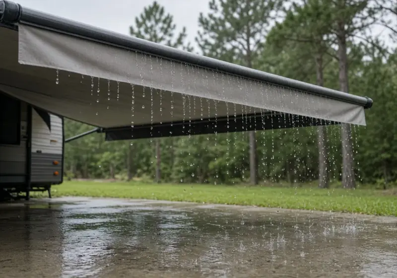 Rain falling on an RV awning edge with puddles on a concrete pad