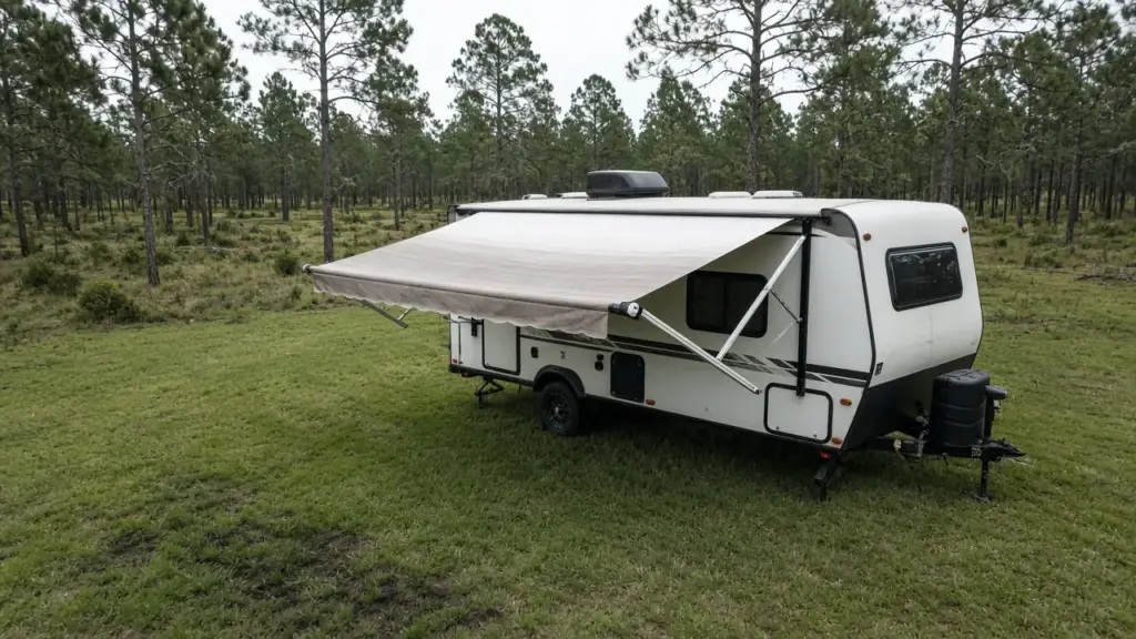 An RV awning partly extended with the arms visible