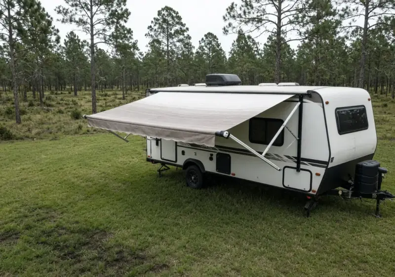 An RV awning partly extended with the arms visible