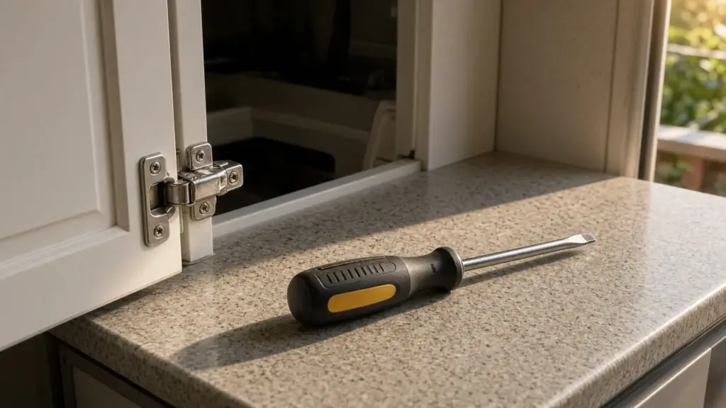 A screwdriver beside an open RV cabinet door with a hinge