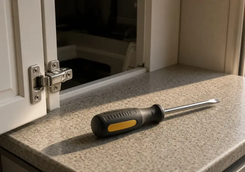 A screwdriver beside an open RV cabinet door with a hinge