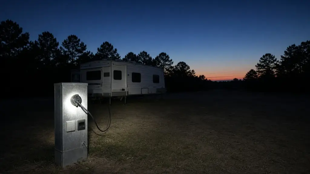 A flashlight shining on an RV utility pedestal at night