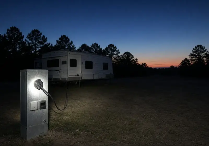 A flashlight shining on an RV utility pedestal at night