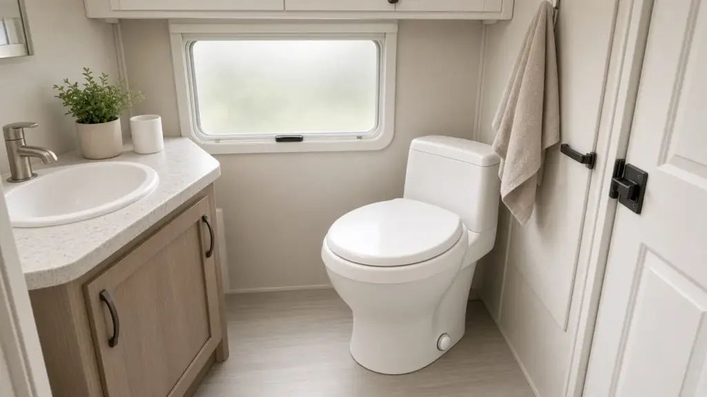An RV toilet in a clean compact bathroom