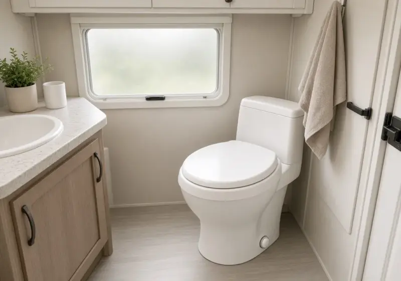 An RV toilet in a clean compact bathroom
