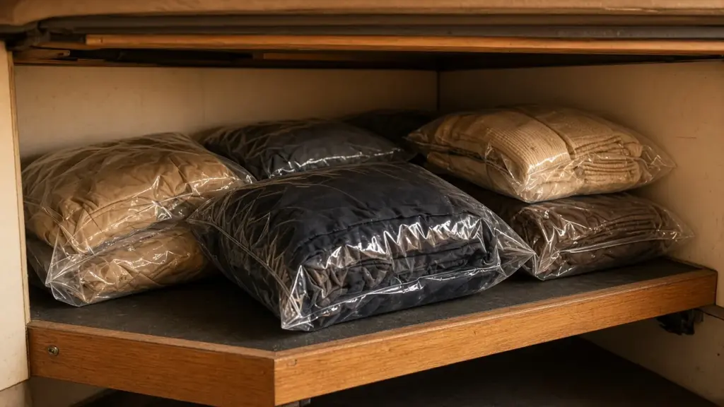Vacuum storage bags of clothing under an RV bed