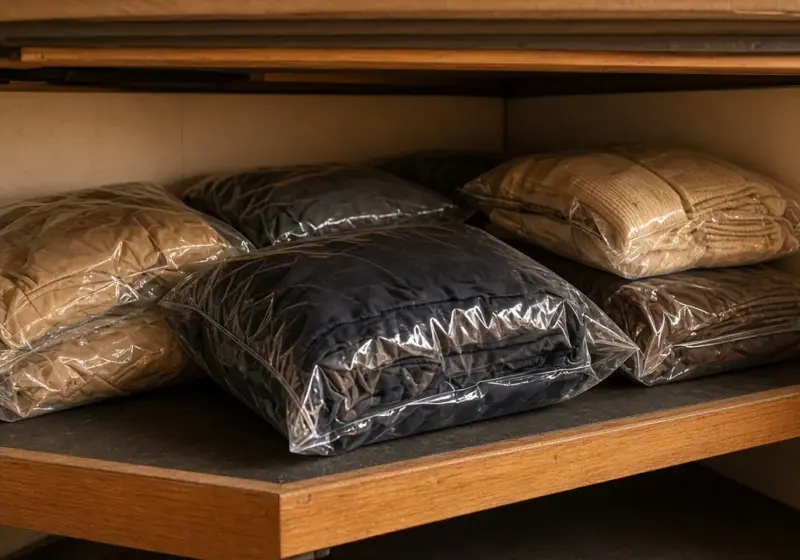 Vacuum storage bags of clothing under an RV bed
