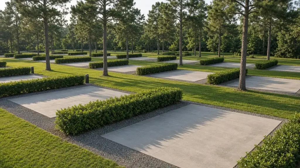 A well-maintained RV park with trimmed hedges and clean concrete pads