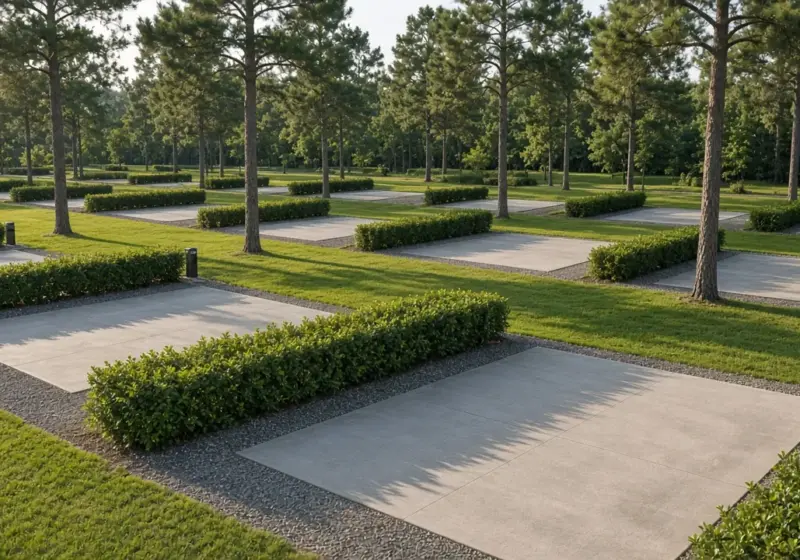 A well-maintained RV park with trimmed hedges and clean concrete pads