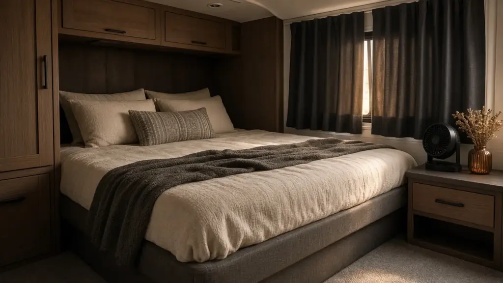 An RV bedroom with a thick mattress, blackout curtains, and a small fan on the nightstand