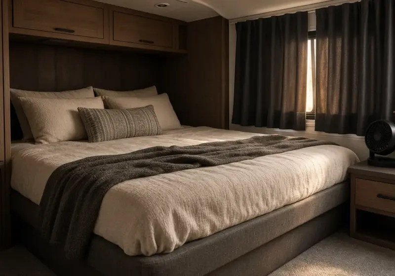 An RV bedroom with a thick mattress, blackout curtains, and a small fan on the nightstand