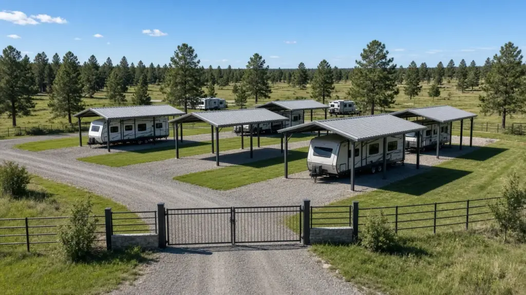 A small gated RV park with covered sites under a clear blue sky